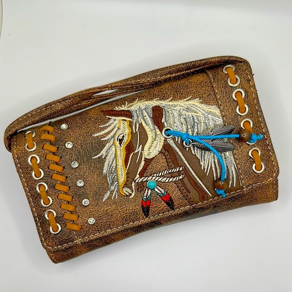 Handbags - Brown Embroidered Horse Clutch Wallet